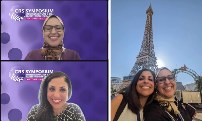 Hagar Labouta (left, top) and Rahima Benhabbour (left, bottom) at the CRS Symposium in October and in Paris (right).