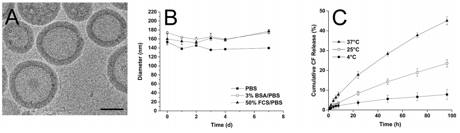 Figure 2. Characterization of PP. (A) Cryo-TEM analysis of PP showed the formation of hollow spheres. Scale bar = 100 nm. (B) Stability of PP in different buffers at 37°C. Changes in hydrodynamic diameters were measured by DLS. Values are means ± SD (n = 3). (C) Cumulative release profile of CF from PP-CF in DPBS measured at different temperatures. SD is shown with error bars (n = 3).