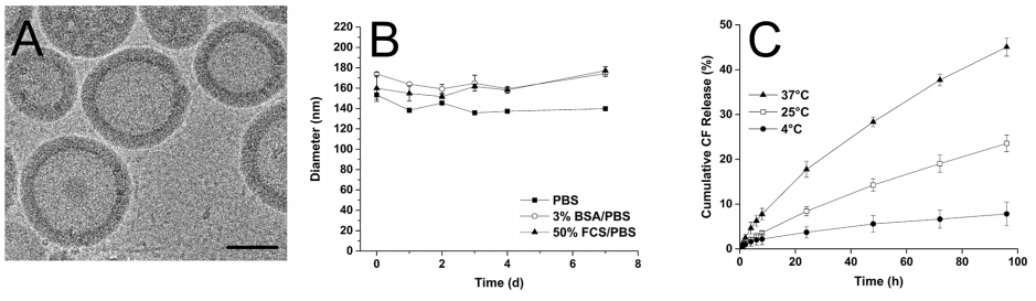 Figure 2. Characterization of PP. (A) Cryo-TEM analysis of PP showed the formation of hollow spheres. Scale bar = 100 nm. (B) Stability of PP in different buffers at 37°C. Changes in hydrodynamic diameters were measured by DLS. Values are means ± SD (n = 3). (C) Cumulative release profile of CF from PP-CF in DPBS measured at different temperatures. SD is shown with error bars (n = 3).