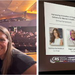 (Left) Merck leaders Liz Pierson (left) and Stephanie Barrett (right) co-chaired the Innovation Showcase session at CRS 2024 AM. (Right) CRS Symposia highlighted at the 2024 AM.